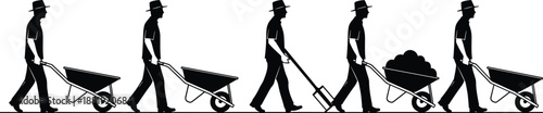 Farmer silhouette sequence pushing wheelbarrow and farming tools representing agricultural labor work process isolated vector illustration rural lifestyle activity concept design
