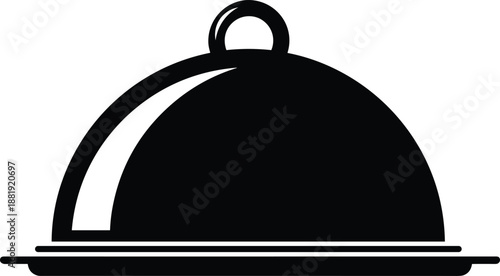 Elegant black and white silhouette icon of a luxury restaurant food platter with a metal dome cloche lid for professional catering services