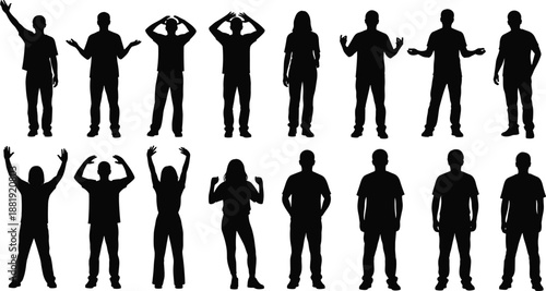 Large collection of black silhouettes featuring people in various standing poses with diverse arm gestures and expressive body language on white background