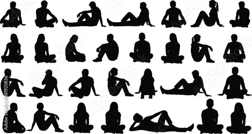 Large collection of black silhouettes featuring various people sitting on the ground relaxing meditating and lounging in diverse casual poses on white background