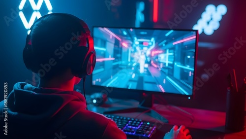 Professional gamer playing a video game in a neon room. Esports competition and gaming lifestyle. Man wearing headphones sitting in front of a computer screen with blue light