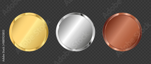 Gold silver and bronze blank medal award 3d icon on black background, Metal button realistic design, Quality badge sign.