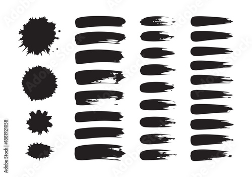 Set of various black ink paint splatter brush strokes and abstract isolated design elements