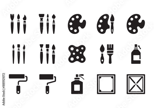 Collection of various art tools and supplies icons including paint brushes palette roller and container