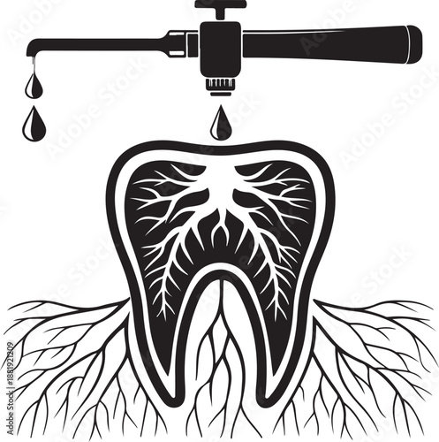 Dripping faucet pouring water onto a tooth with exposed roots