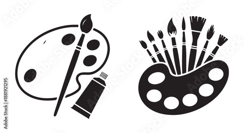 Artist palette with paint tube and brush, creative art supplies, drawing tools