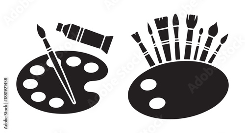 Two different views of artist paint palette with various brushes and a tube of paint