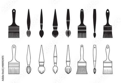 Collection of ten different paintbrush shapes shown in solid black and outline styles