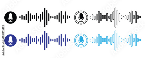 Microphone with sound wave icon, Microphone icon with sound waves, Soundwave, social media message, voice assistant, audio waves, and frequency symbols for music player