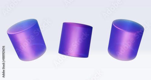 Set 3d iridescent hologram cylinder, barrel. Render geometry figure in purple, pink, blue colors. Vector illustration isolated on white for design projects, product display, presentation, adv