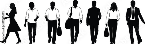 Black silhouette illustration of seven business professionals walking in row, carrying bags and briefcases, symbolizing workplace diversity and commuting lifestyle
