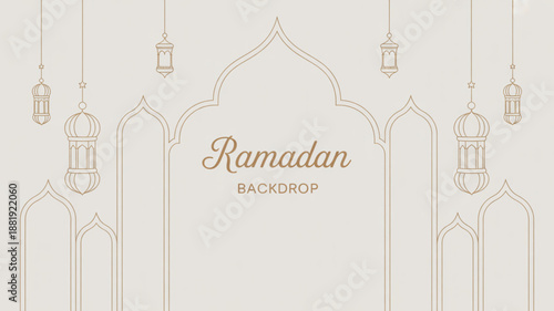 Elegant Ramadan backdrop illustration featuring hanging lanterns and mosque arches in a serene environment from a front viewpoint