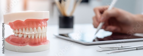 The dental model with dental tools and clinician using a tablet in clinic