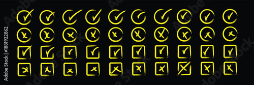 Check mark icons set. Green brush stroke check mark, tick symbols, checklist signs. Grunge brush stroke signs. Grunge checkmark design. Dirty grunge stroke checkmark sign vector illustration Handdrawn