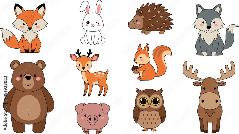 Obraz premium Animal vector set with cute forest and farm characters for children