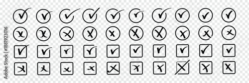 Check tick mark icon set. Cross box x check mark checkbox v list vector draw hand drawn brush marker checklist wrong right Square Boxes. sketch doodle brush marker checklist symbol wrong right circle 