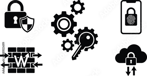 Black and white cybersecurity icon set showing lock shield gears key firewall mobile authentication and cloud data protection symbols vector illustration