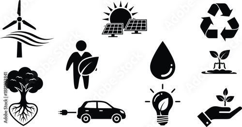 Black and white eco sustainability icon set featuring renewable energy recycling electric vehicle water conservation green technology nature protection symbols vector illustration