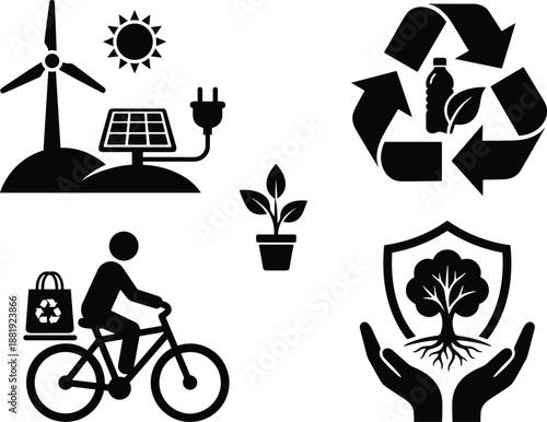 Black and white eco sustainability icons set with renewable energy recycling green transport plant growth and environmental protection symbols vector illustration