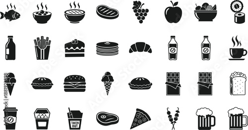Black and white food and drink icons set featuring meals snacks desserts beverages restaurant menu symbols flat silhouette illustration