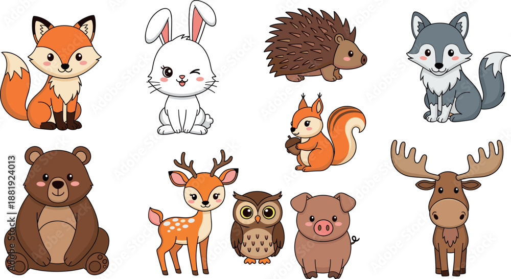 Fototapeta premium Animal vector set with cute forest and farm characters for childrens