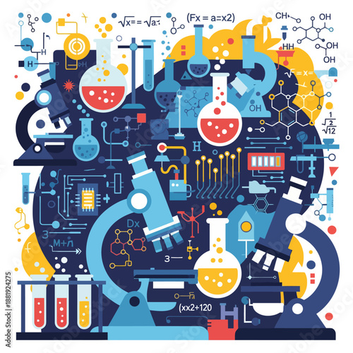 Vibrant Laboratory Equipment and Scientific Formulas Illustration