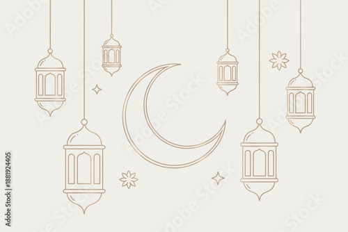 Moonlit Lanterns: Delicate lanterns and a crescent moon, symbols of spirituality, hang gracefully, bathed in soft, ethereal light.