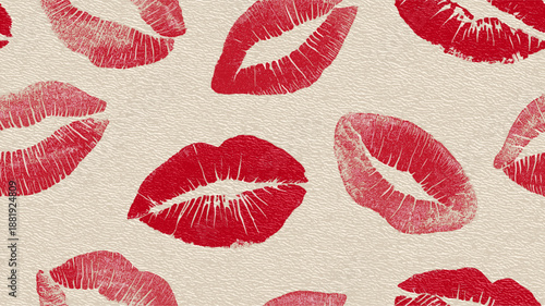 Red lipstick kiss marks covering a cream textured paper surface, creating a playful pattern. Red lipstick kiss marks seamless pattern on textured paper