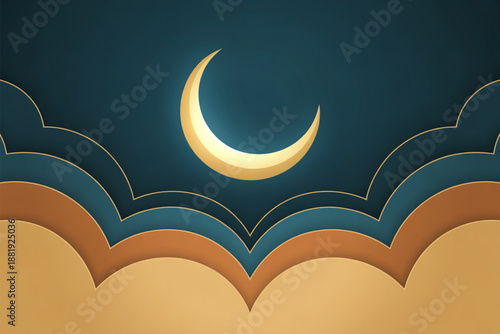 Luminous Crescent: An elegant, stylized illustration of a radiant crescent moon. Depicting a serene night sky with layers of delicate cloud-like shapes. Capturing the tranquility of the evening.