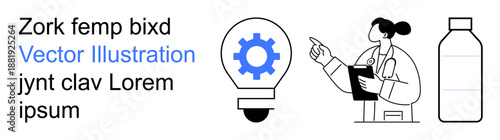 Healthcare, innovation, science communication, medical technology, creative solutions, pharmaceutical concepts. Doctor pointing at a gear inside a light bulb with a medicine bottle on the side