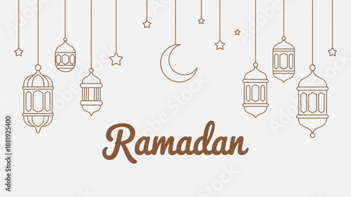 Ramadan Decoration: A minimalist illustration captures the essence of Ramadan, featuring ornate lanterns and a crescent moon, all suspended against a plain backdrop, evoking a sense of tranquility.