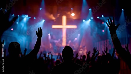Wallpaper Mural Large crowd of silhouetted people with their hands raised in worship and praise during a christian music event, singing in front of an illuminated cross on a brightly lit concert stage Torontodigital.ca
