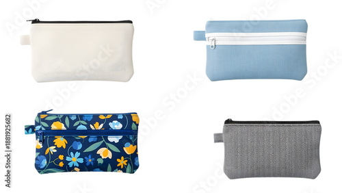 Four small zippered pouches of different colors and designs arranged in a square pattern, perfect for storing small items