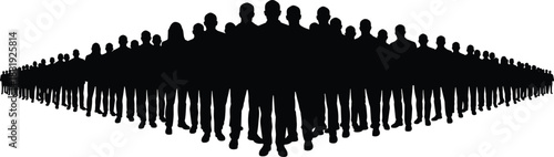 Symmetrical crowd of silhouetted people forming triangular perspective with depth, unity, and collective behavior concept