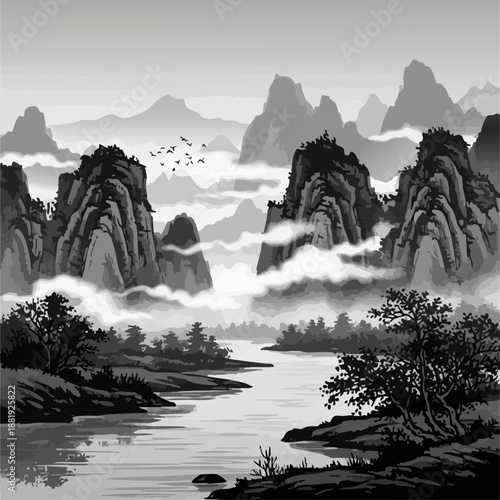 vector of Chinese ink wash painting illustration, mountains and river landscape