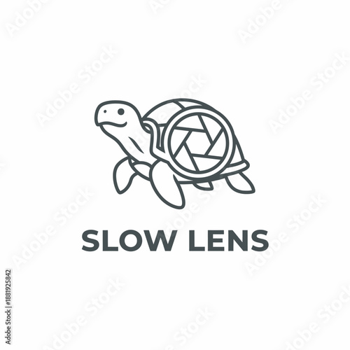 Creative turtle with camera shutter shell icon for photography studio or long exposure film services branding named SLOW LENS.