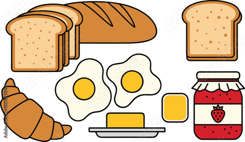 Cartoon-style breakfast food illustration featuring bread, eggs, butter, cheese, croissant, and strawberry jam jar