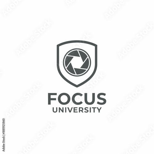Minimalist camera shutter inside shield icon for photography academy or creative education brand identity, featuring the text Focus University.