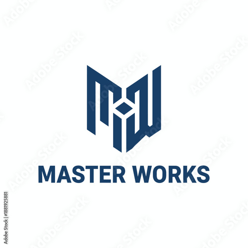 Professional geometric monogram MW letter logo for corporate identity, construction firm, or creative agency branding named MASTER WORKS.