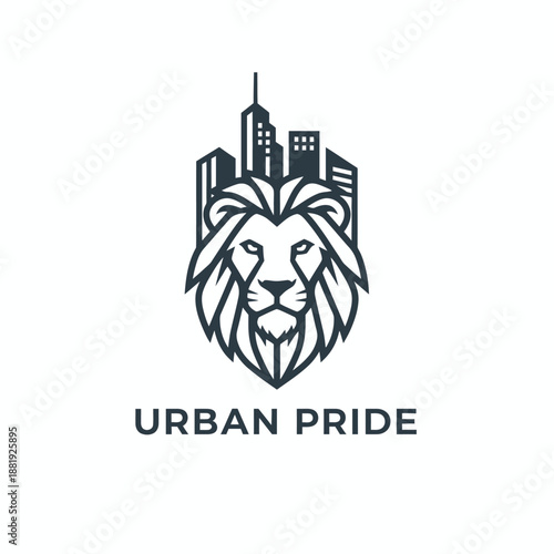Majestic lion head combined with city skyline skyscrapers for real estate or urban development company branding named URBAN PRIDE.