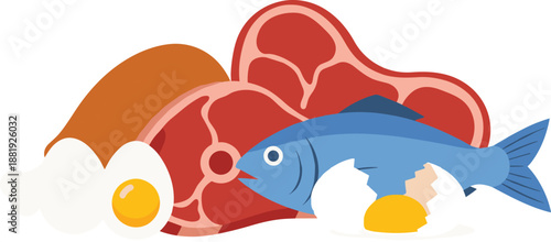 Fresh protein rich food illustration with fish meat eggs and chicken leg flat vector design concept