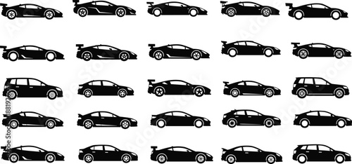 Grid of black car silhouettes showcasing diverse automotive designs including sporty, compact, and sedan models in side view
