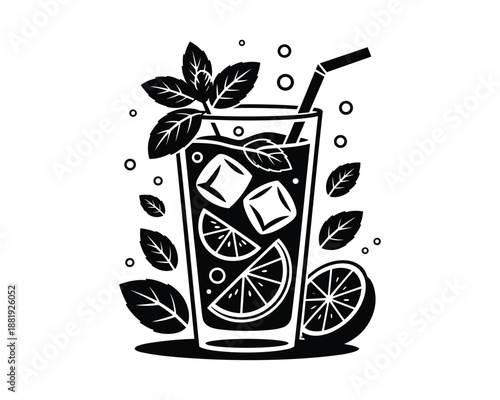 Black and white drawing glass of lemonade with ice cubes and mint leaves