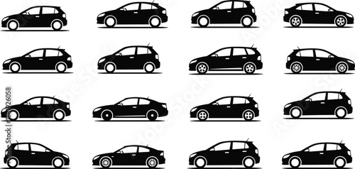 Grid of black car silhouettes showcasing diverse compact and sedan designs in side profile vector illustration