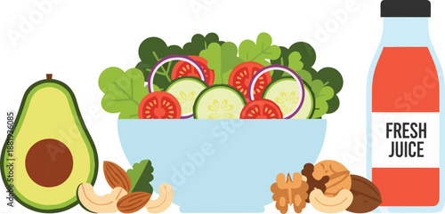 Healthy fresh salad bowl with avocado nuts and juice bottle flat vector illustration for nutrition concept