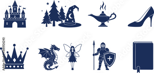 Fantasy fairy tale icon set featuring castle, magic lamp, crown, dragon, knight, fairy, and enchanted story elements for creative designs