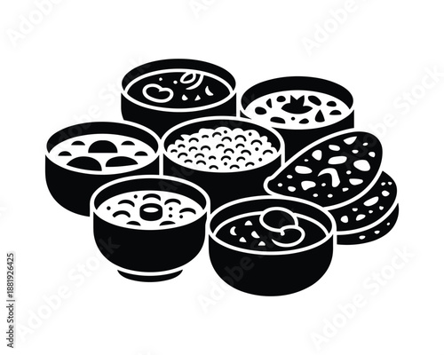 black and white illustration of bowls of porridge with toppings