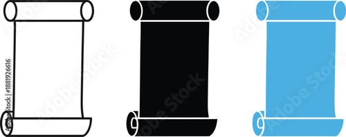 Scroll parchment icon set in outline, solid, and colored styles for medieval documents, historical themes, and storytelling design projects