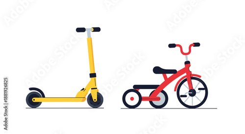 Childrens outdoor toys featuring a bright yellow kick scooter and a classic red tricycle, perfect for active play and fun.