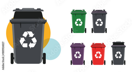 Series of six recycle bins in different colors including grey, green, purple, and red, promoting waste management and sustainability.